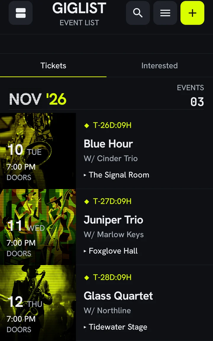Giglist groups concert tickets by month, with each show's date, artwork, and venue.